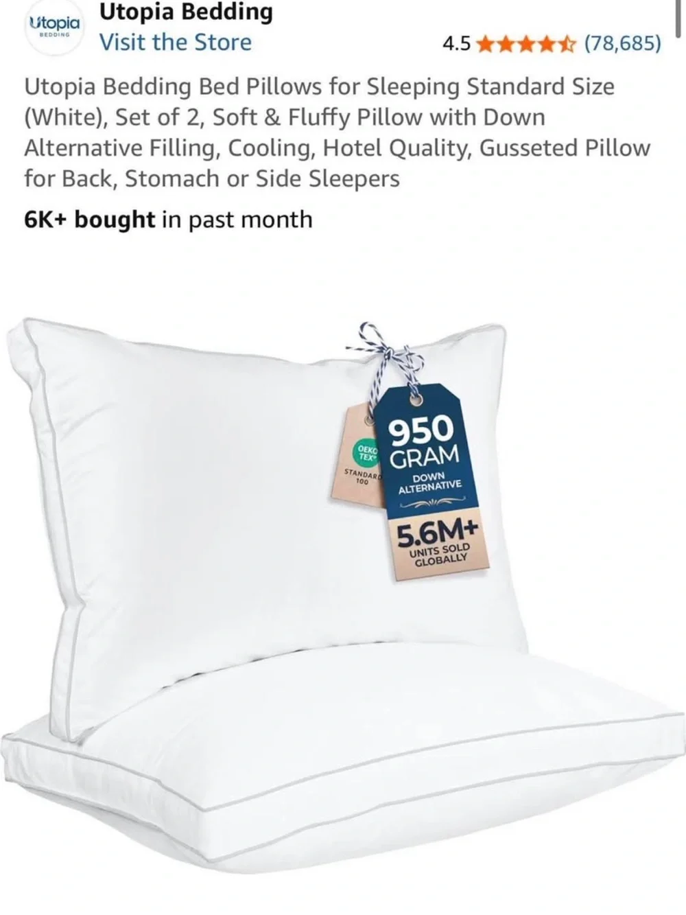 NIB Utopia Bedding Standard Pillows - two pack